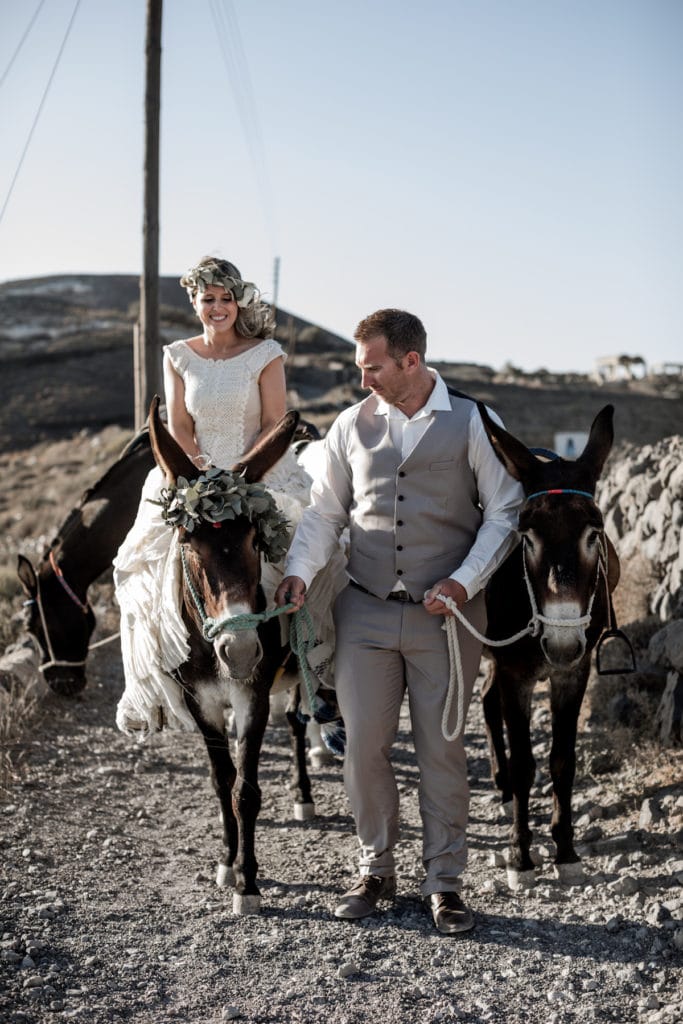 Bride and groom bridal portraits with mule in Greece after learning how to elope in Greece