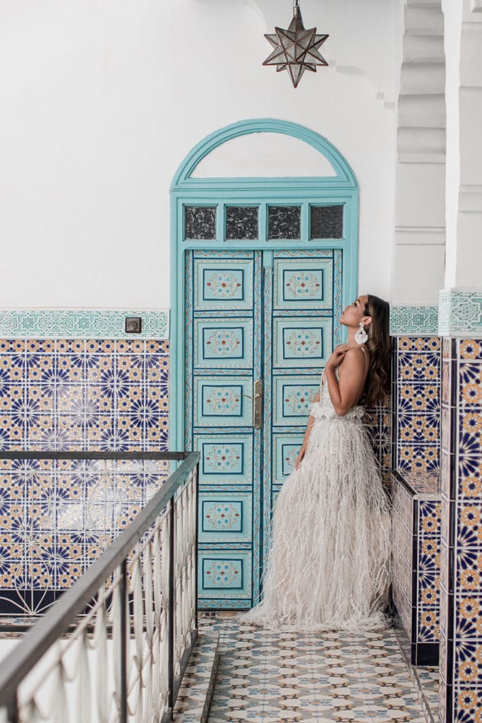 Bride poses for bridal portrait at Marrakech wedding venue