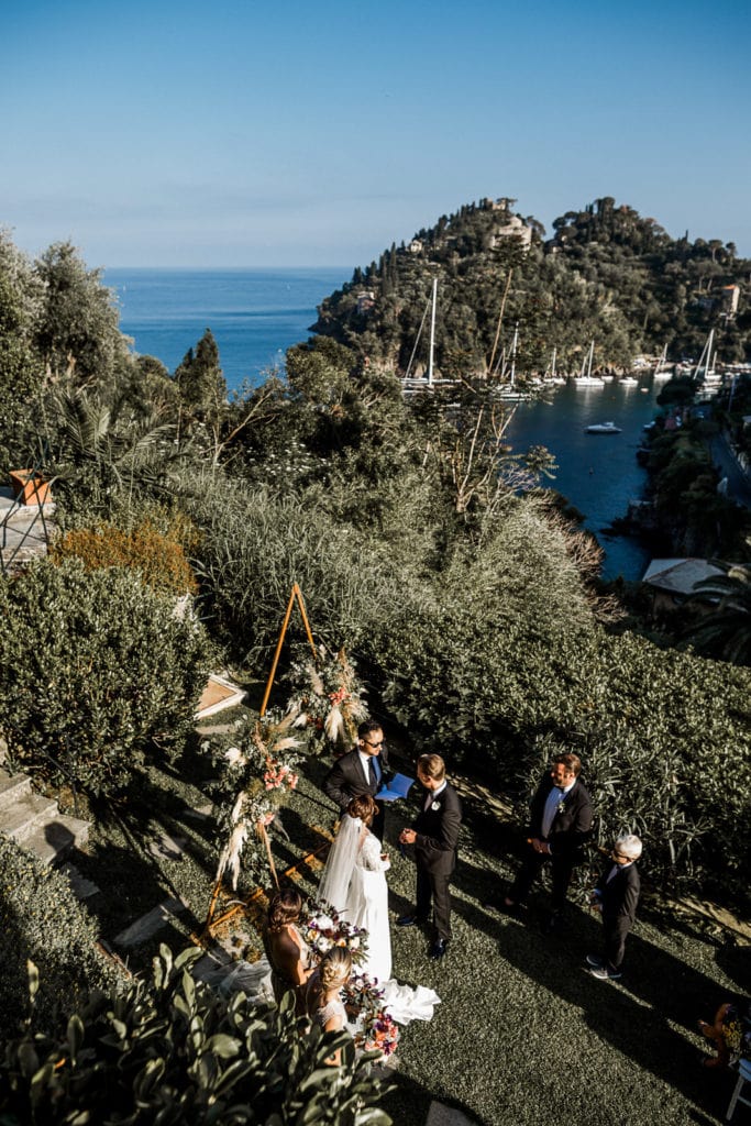 Aerial photo of bride and groom during Portofino outdoor wedding ceremony