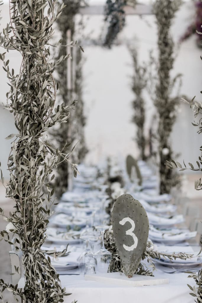 Reception table numbers using natural foliage from Southern Italy