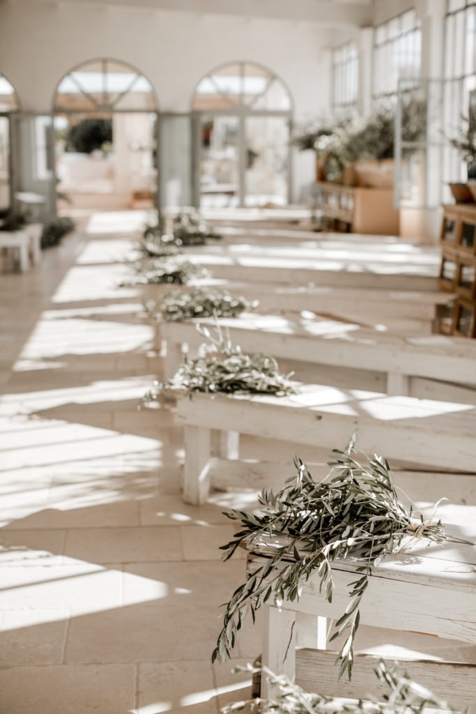 Floral aisle markers at Masseria Potenti for wedding in Puglia