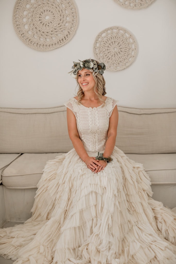 Bride wears bridal gown for portrait for Santorini Greece elopement