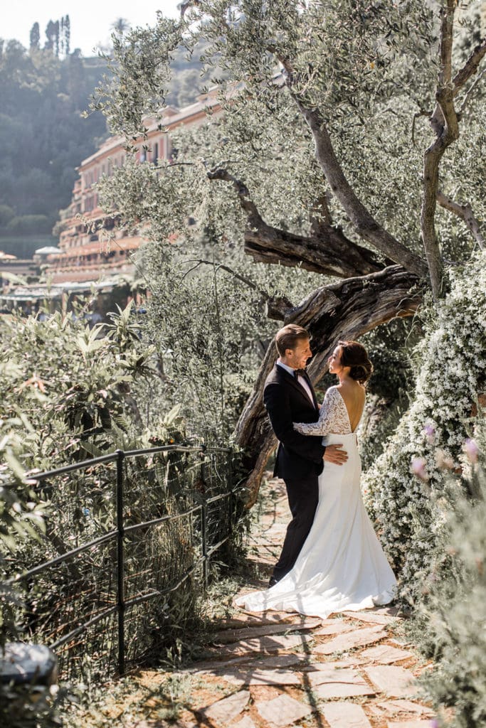 Beautiful bride and groom portrait in Portofino, Italy