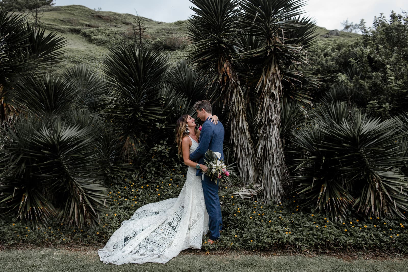Bride and groom portrait after Na 'Aina Kai botanical gardens wedding
