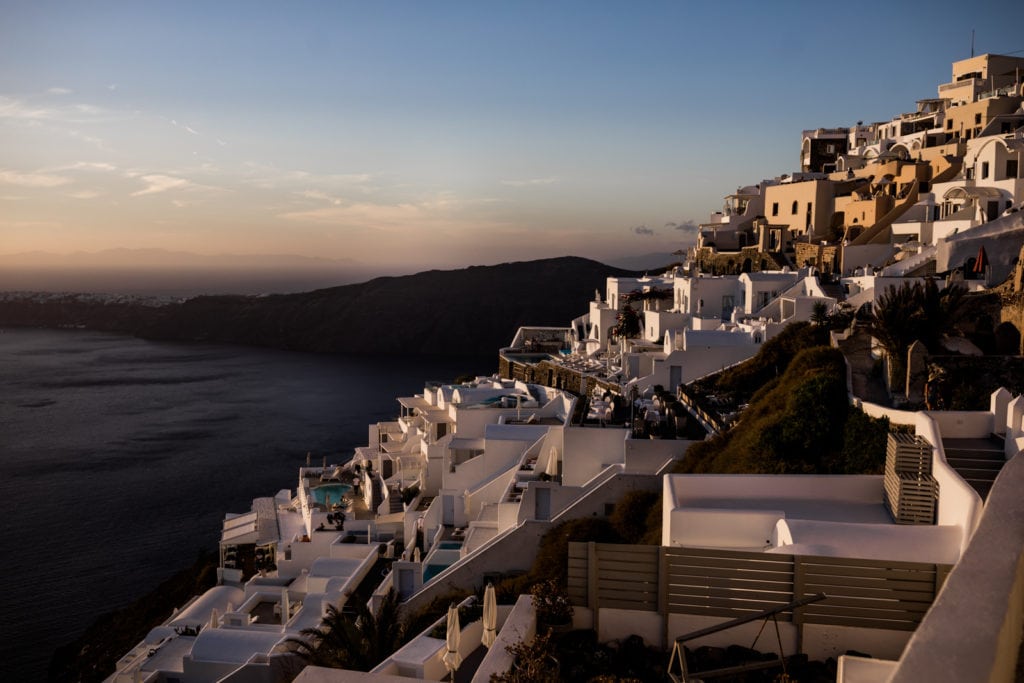 View of Santorini, Greece at sunset from the cliffside
