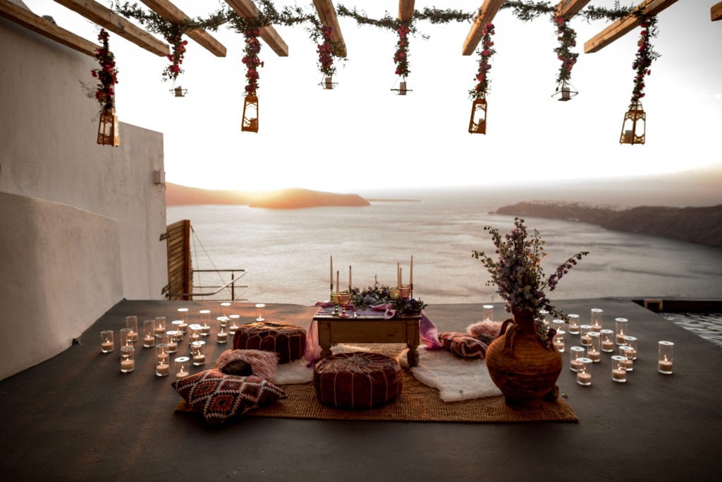 Intimate wedding reception for two overlooking the ocean from a private balcony