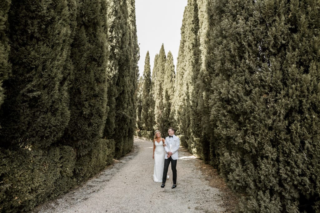 Bride walks up to groom during first look at Borgo di Castelvecchio