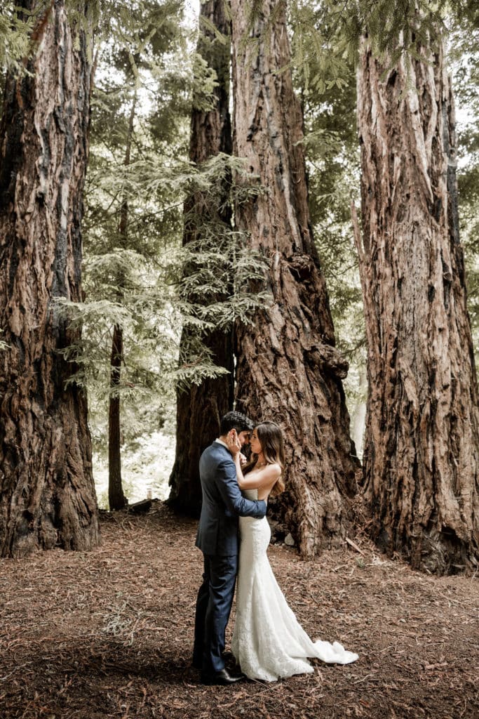 Bride and groom embrace during first look in redwoods forest in Big Sur