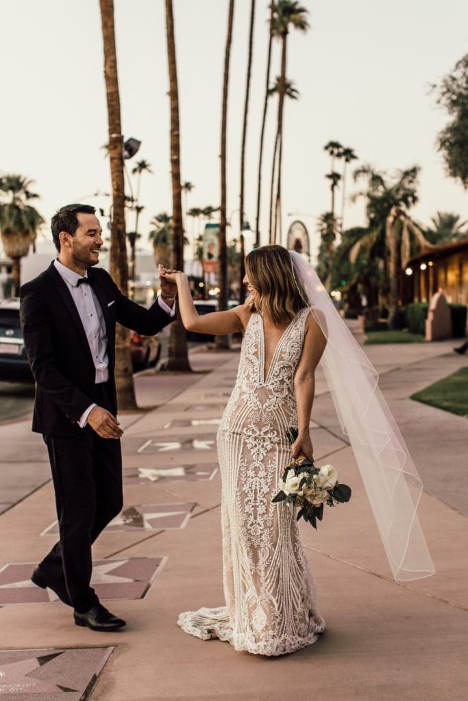 Bride and groom dancing portrait downtown Palm Springs wedding