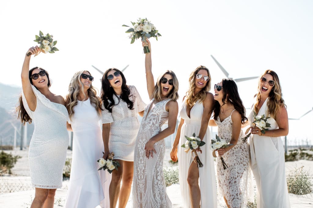 Bride and bridesmaids celebrate in Palm Springs desert
