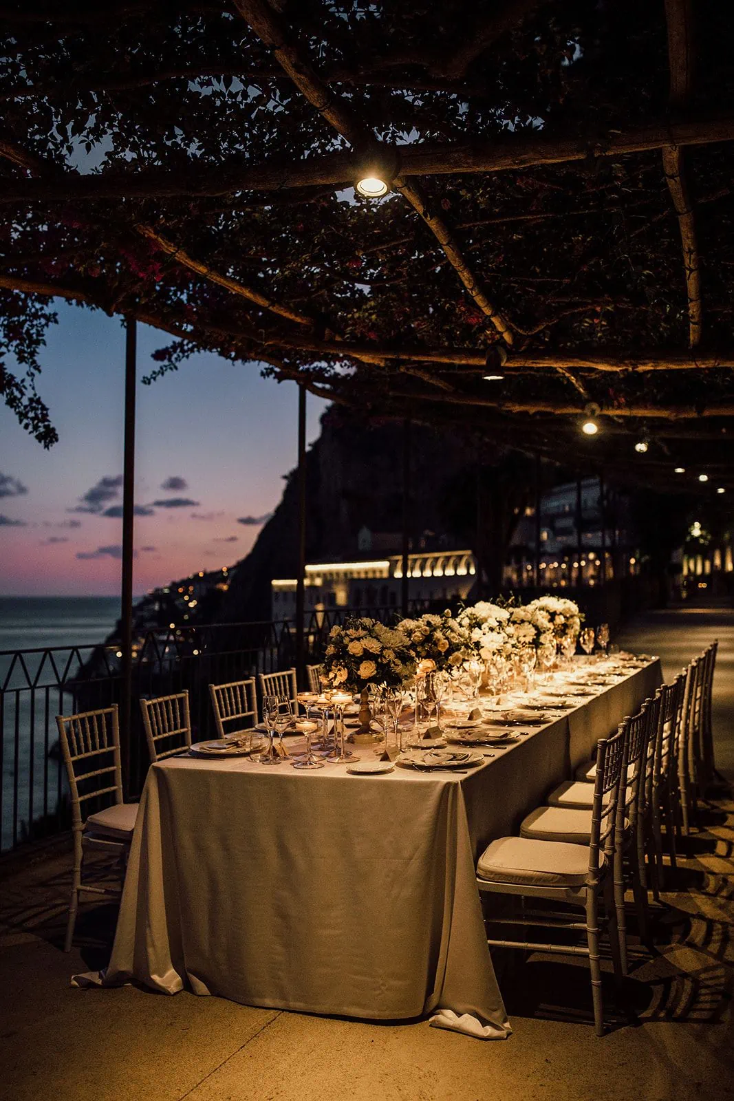 Twilight reception details at Amalfi Italy Convento wedding