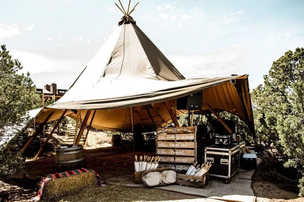 Southwestern-inspired teepee tented wedding reception in Santa Fe, New Mexico