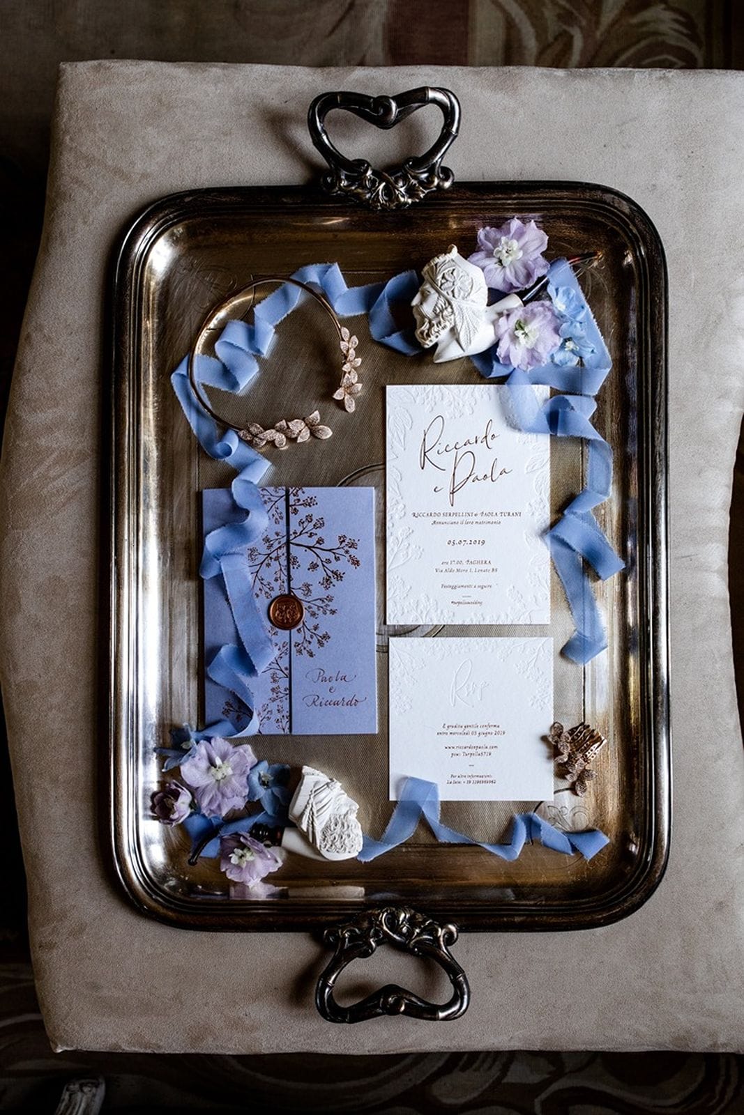 Lavender and blue wedding invitation details