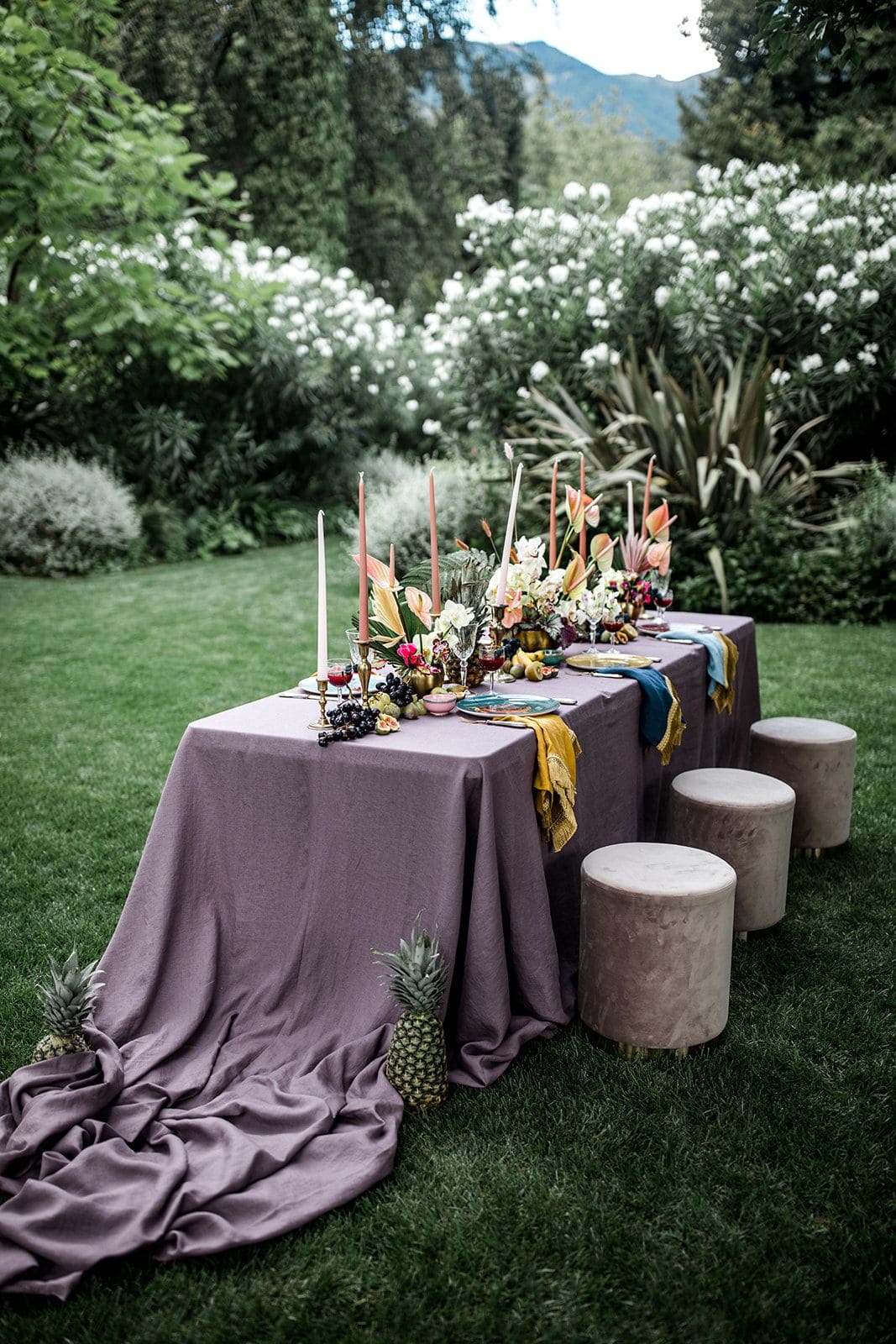 Purple locally sourced table linens for reception decor at Villa Balbiano
