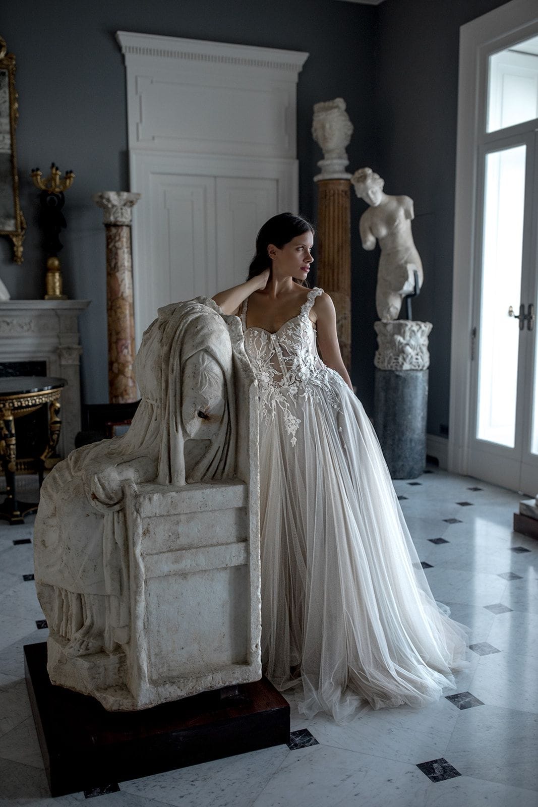 Bridal portrait in Villa Astor amidst marble decor