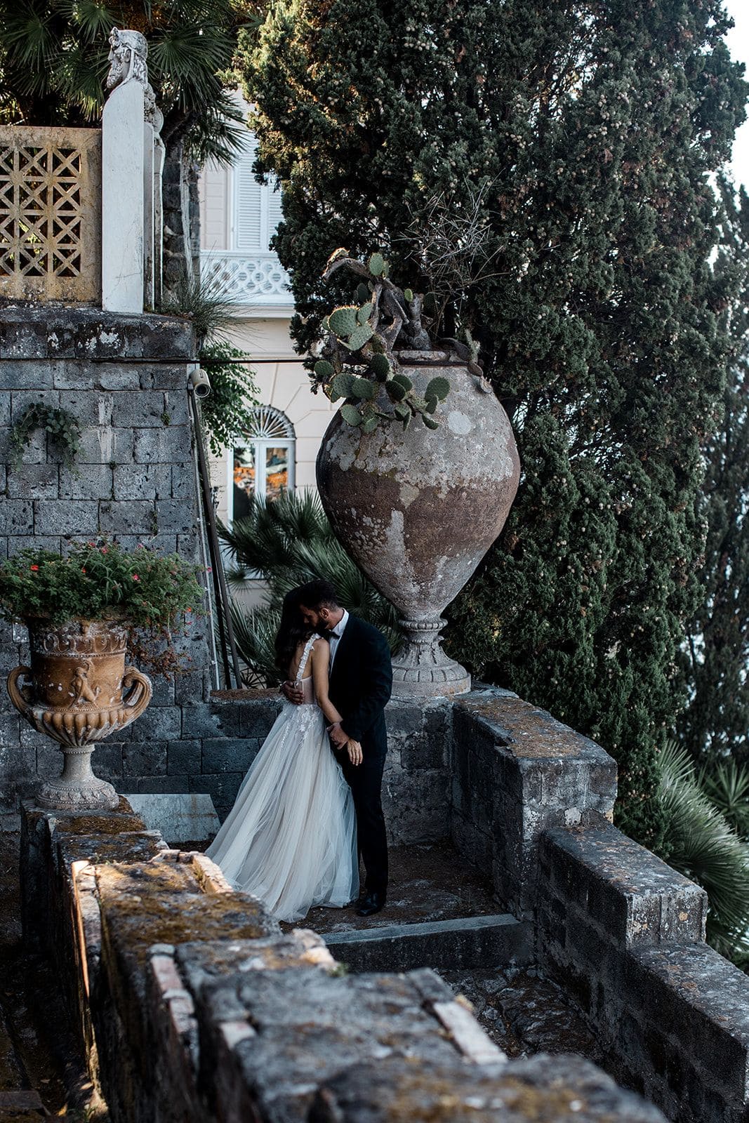 Bride and groom share first look during Amalfi Coast elopement at Villa Astor