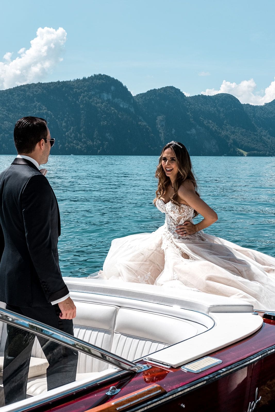 Bride and groom on a boat on Lake Lucerne, Switzerland