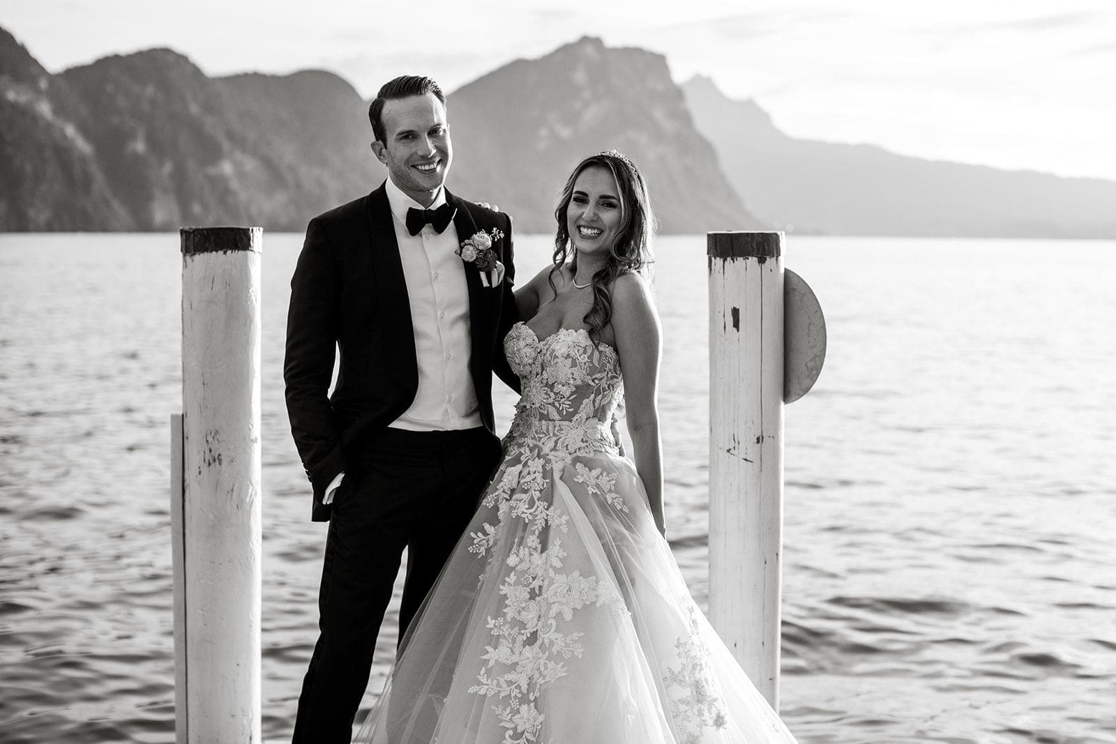 Bride and groom are all smiles after Lake Lucerne Switzerland destination wedding
