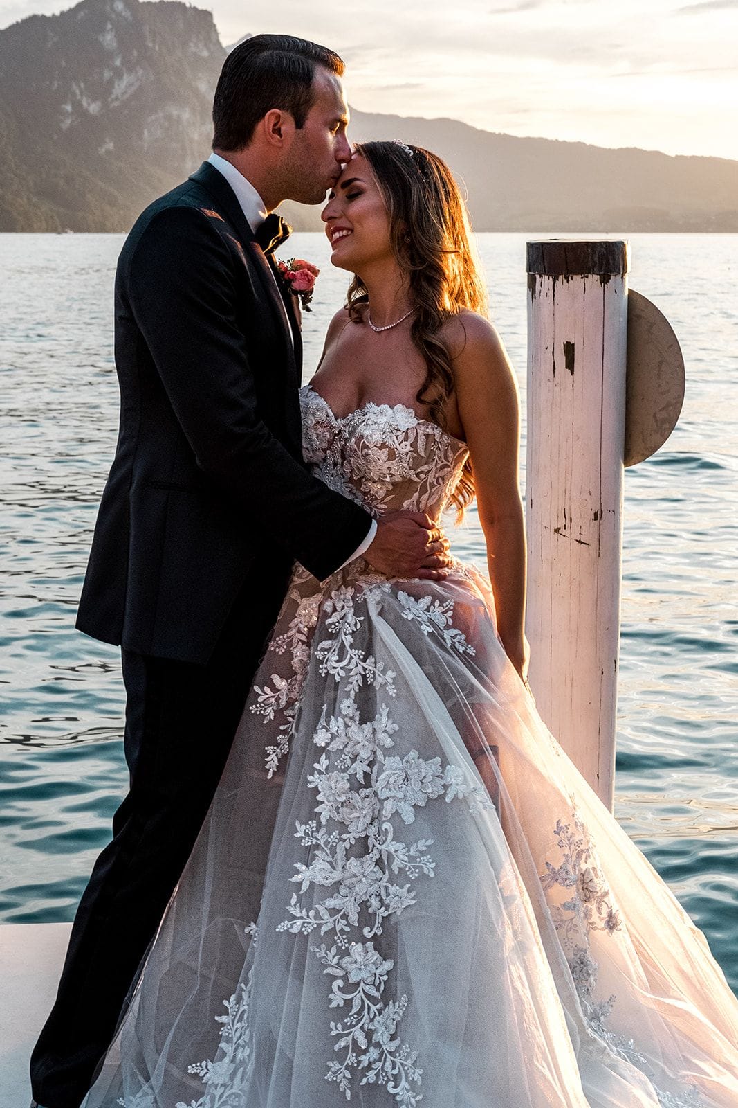 Bride and groom just married portraits at Lake Lucerne Switzerland
