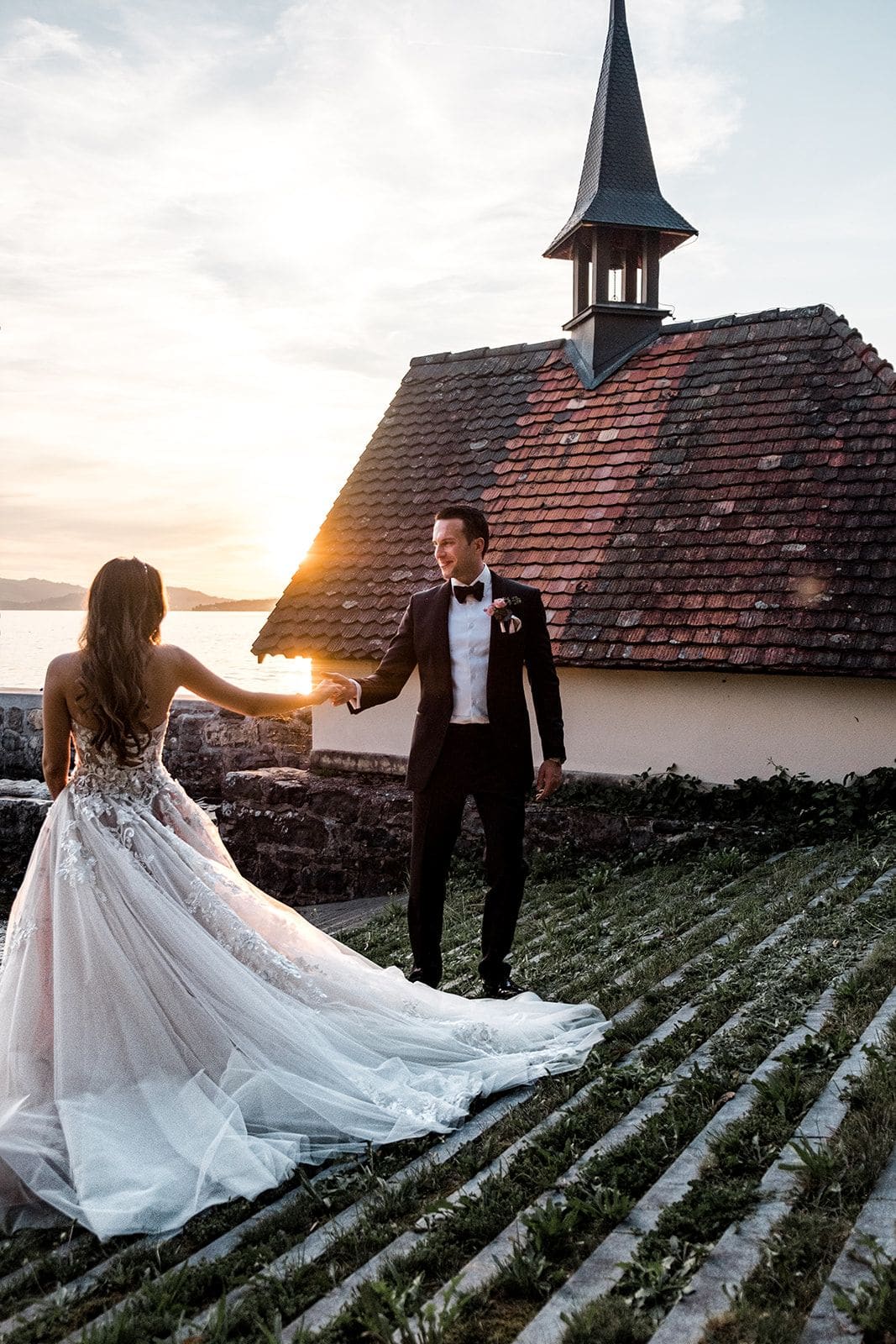Bride and groom dancing during Switzerland wedding portraits