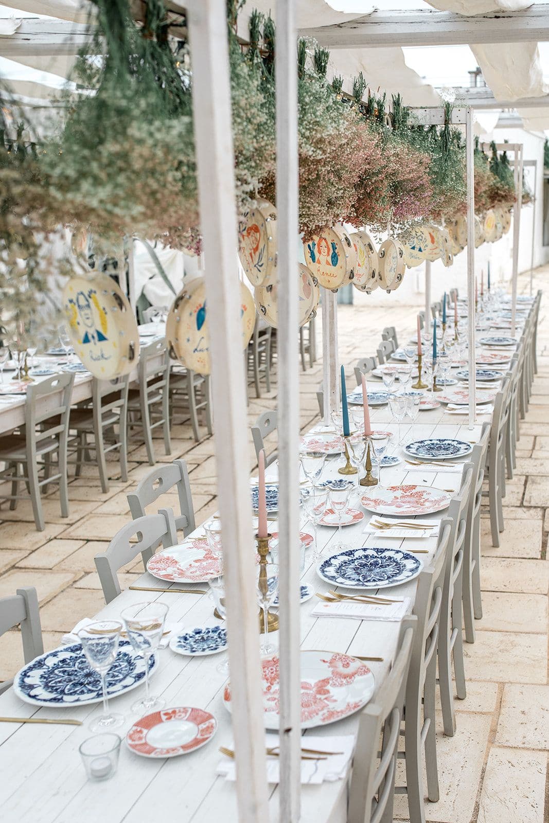 Long tables with coral and blue color palette