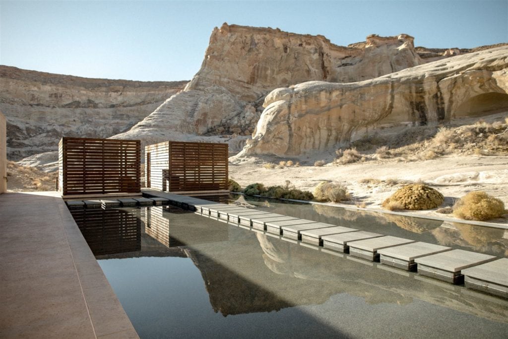 The reflection pool at Amangiri among the Utah canyons and plateaus. 