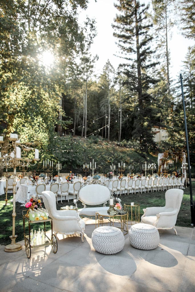 An outdoor cocktail area at a Napa Valley wedding reception. 