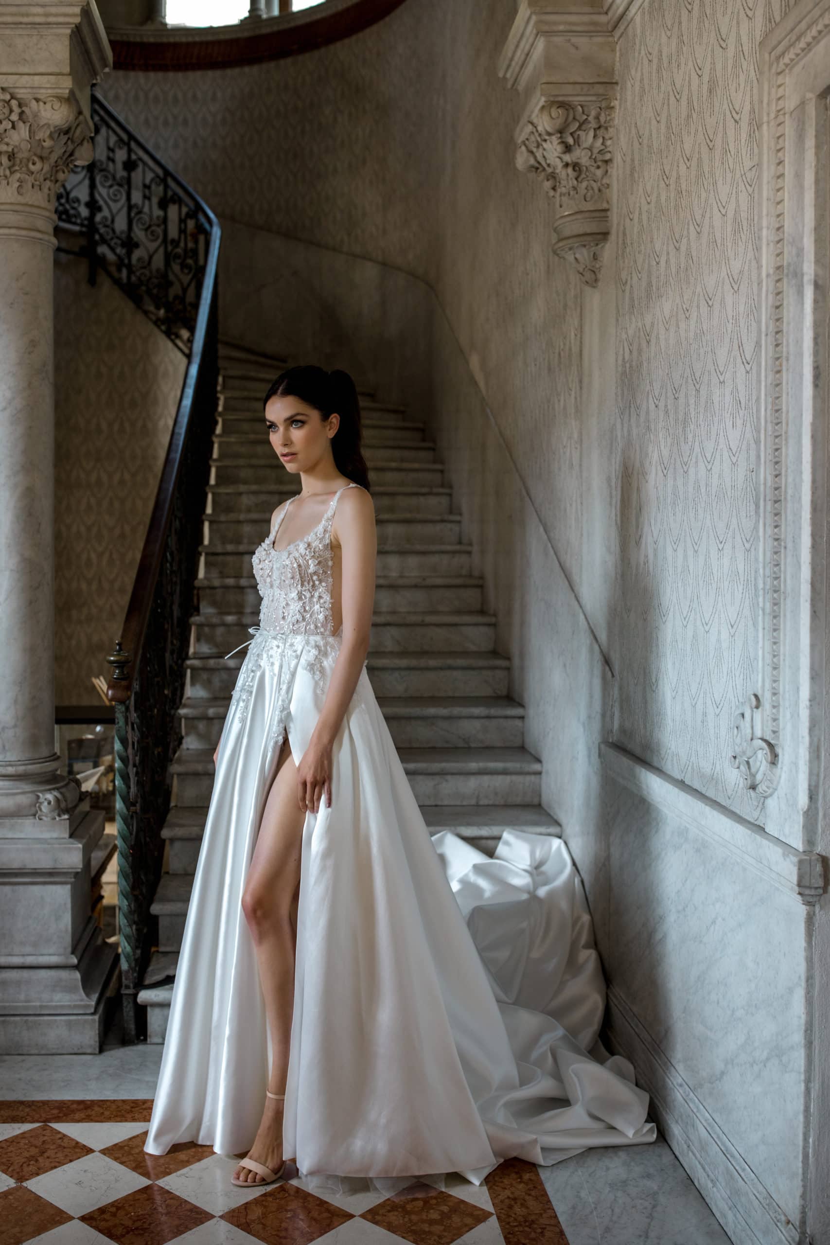 Model poses for Villa Cipressi wedding gown editorial session