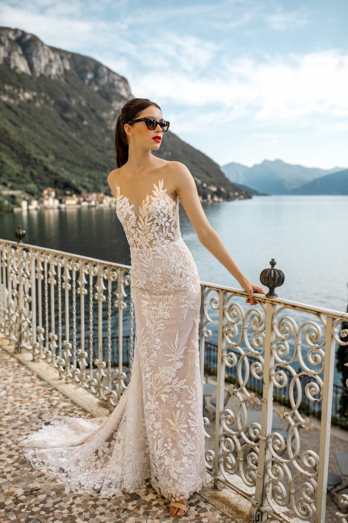 Sleek lace bridal gown at Villa Cipressi wedding dress editorial, which also serves as one of the best locations for Lake Como engagement photos