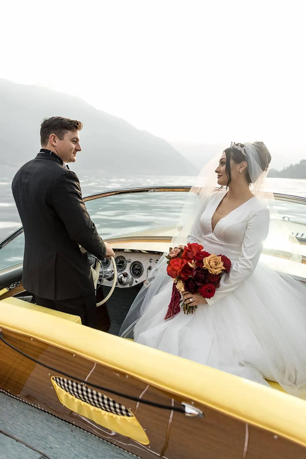 Bride and groom Lake Como boat ride
