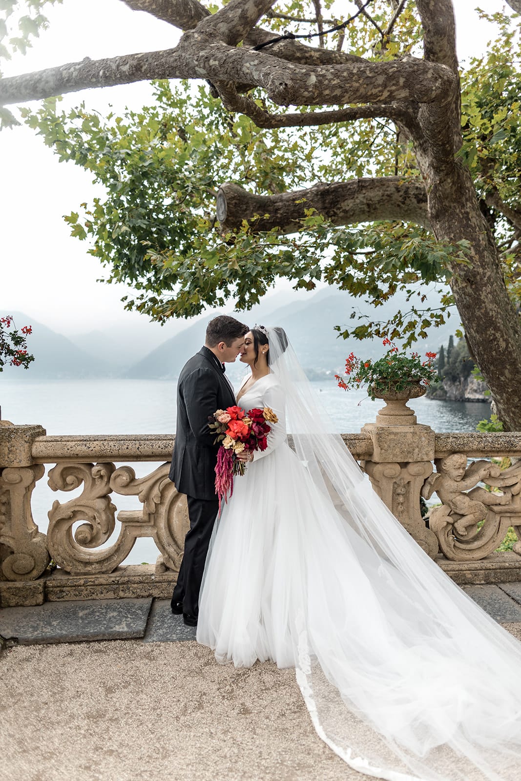 Bride and groom portrait at wedding venue in Lake Como