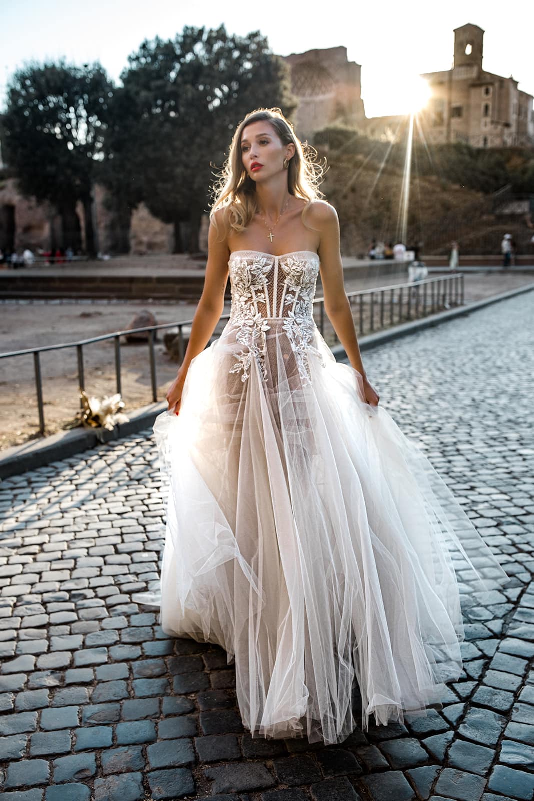 Bride walks cobblestone streets in Rome, Italy after Rome elopement