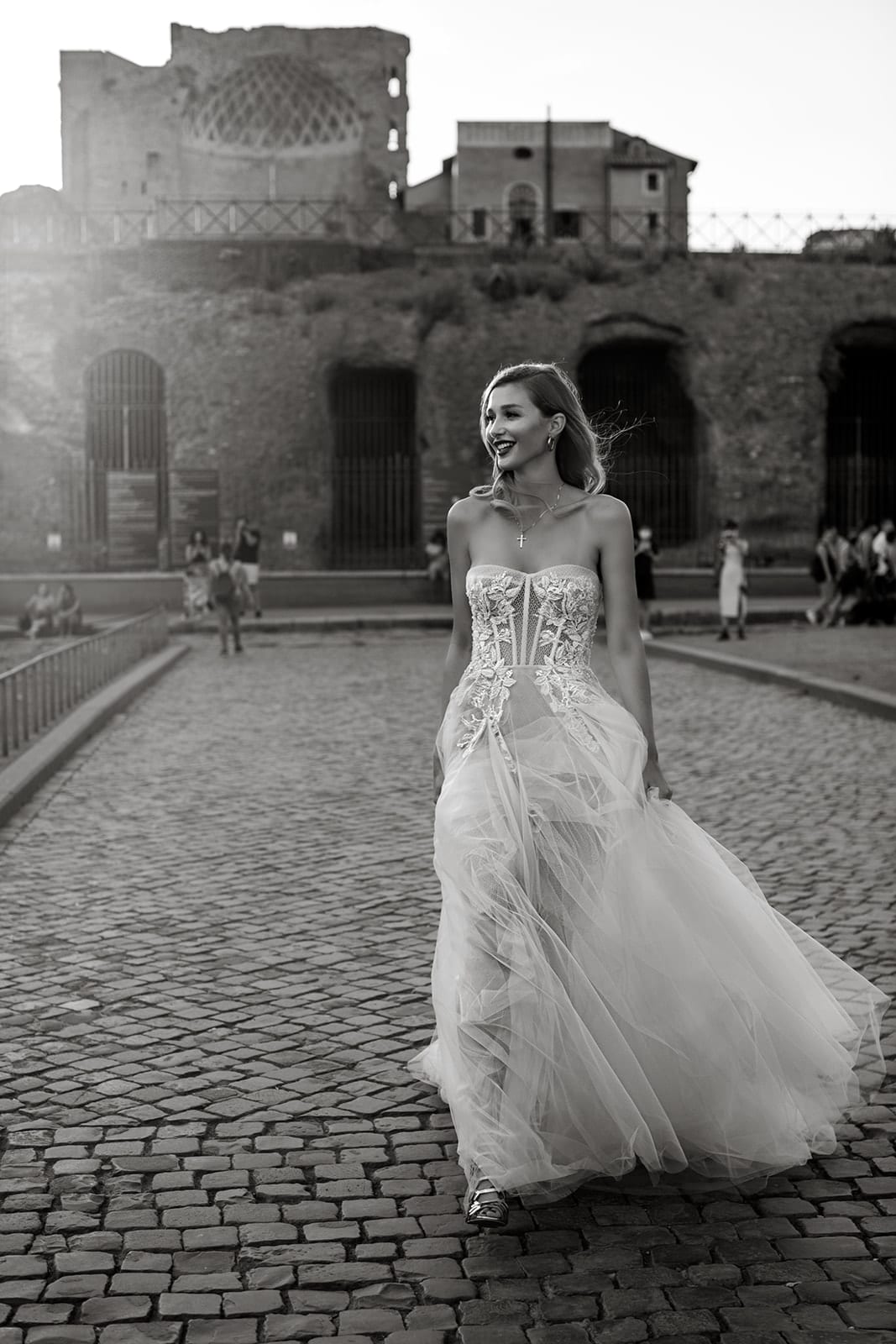 Bride walks ancient streets of Rome, Italy in Berta wedding gown