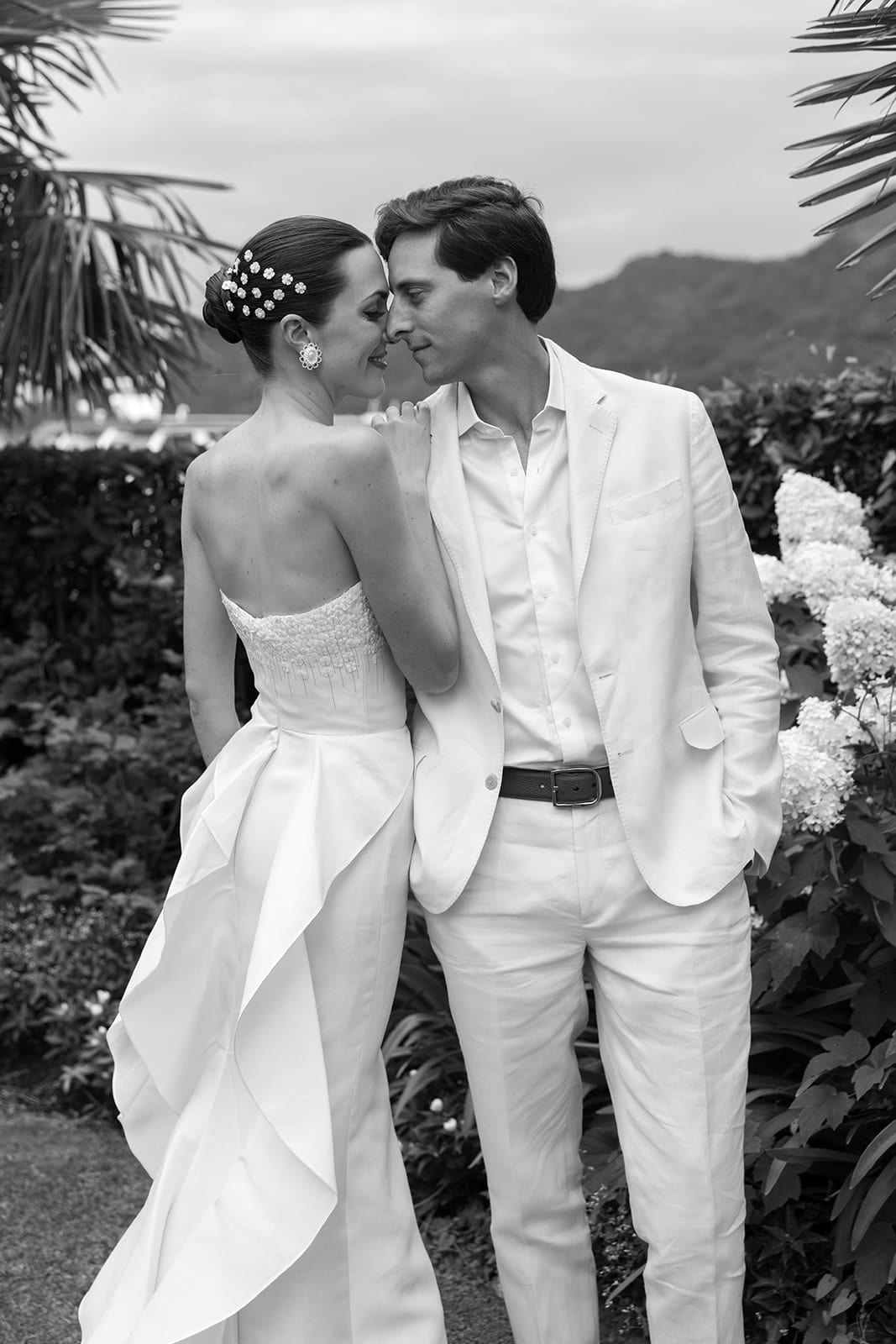 Bride and groom stand together at a Lake Como wedding villa