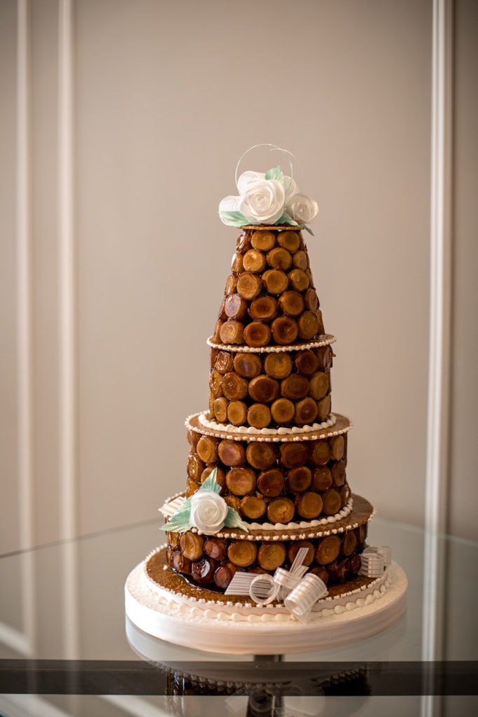 A non-traditional cake is placed at The Cadogan for a wedding luncheon