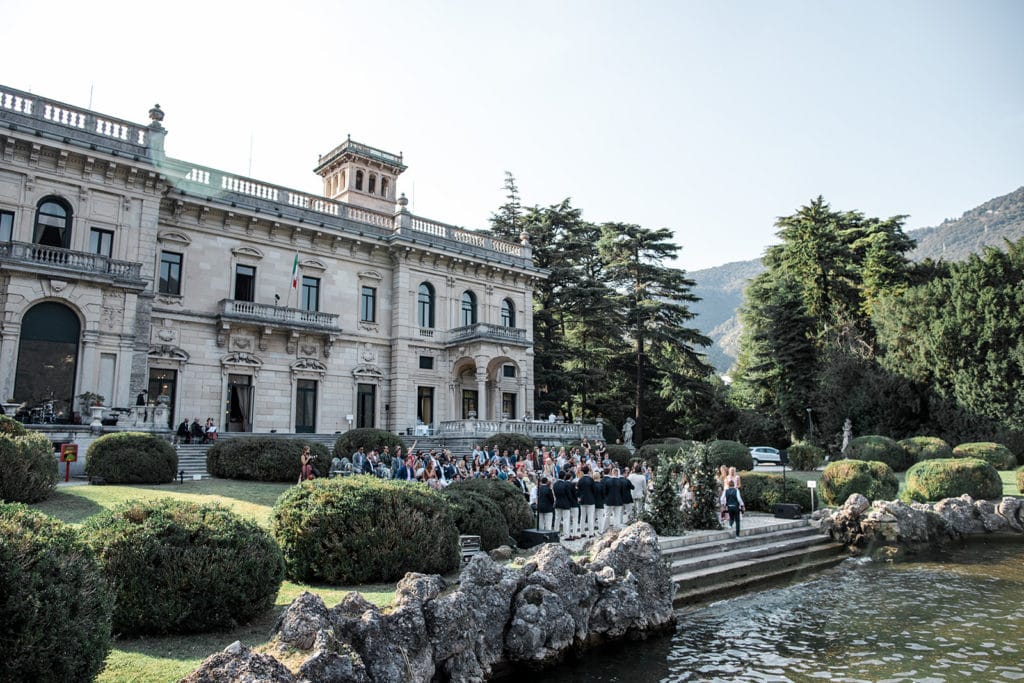 Ceremony site on the water's edge with Villa Erba in the background