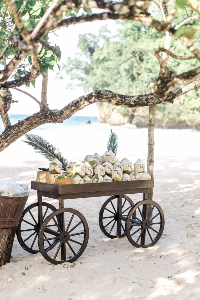 Coconuts are served for guests at a beach wedding