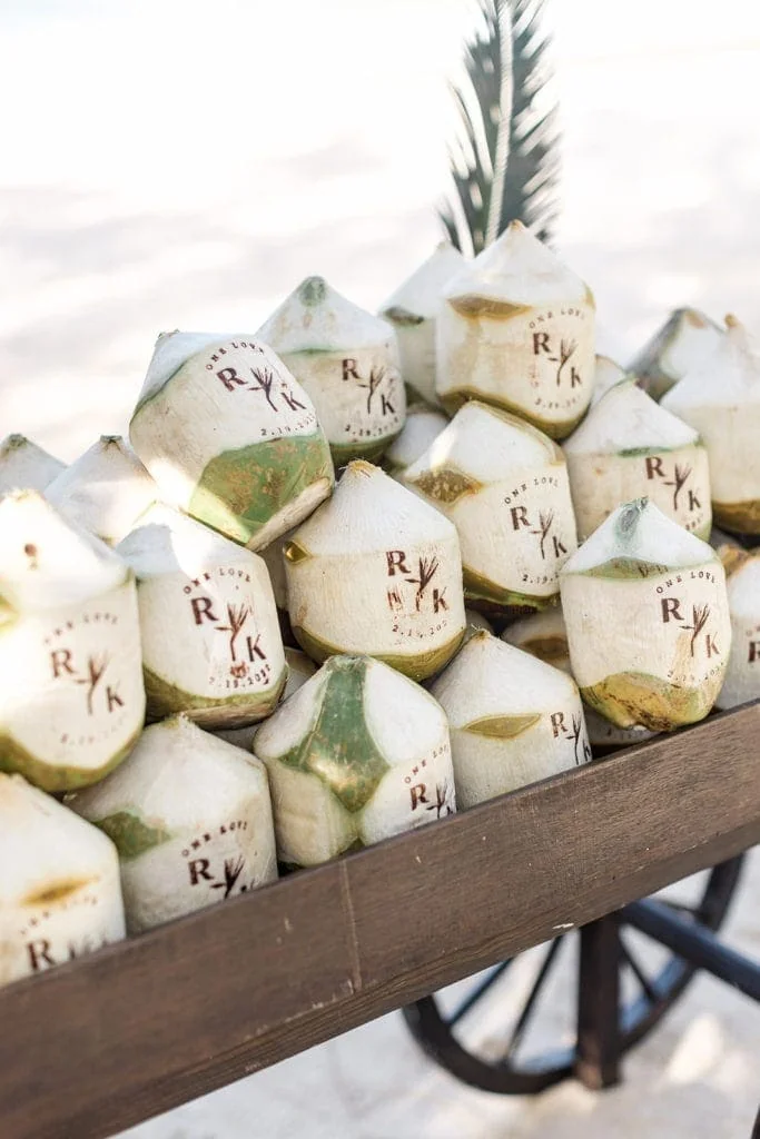 Coconuts with the bride and groom's initials on them