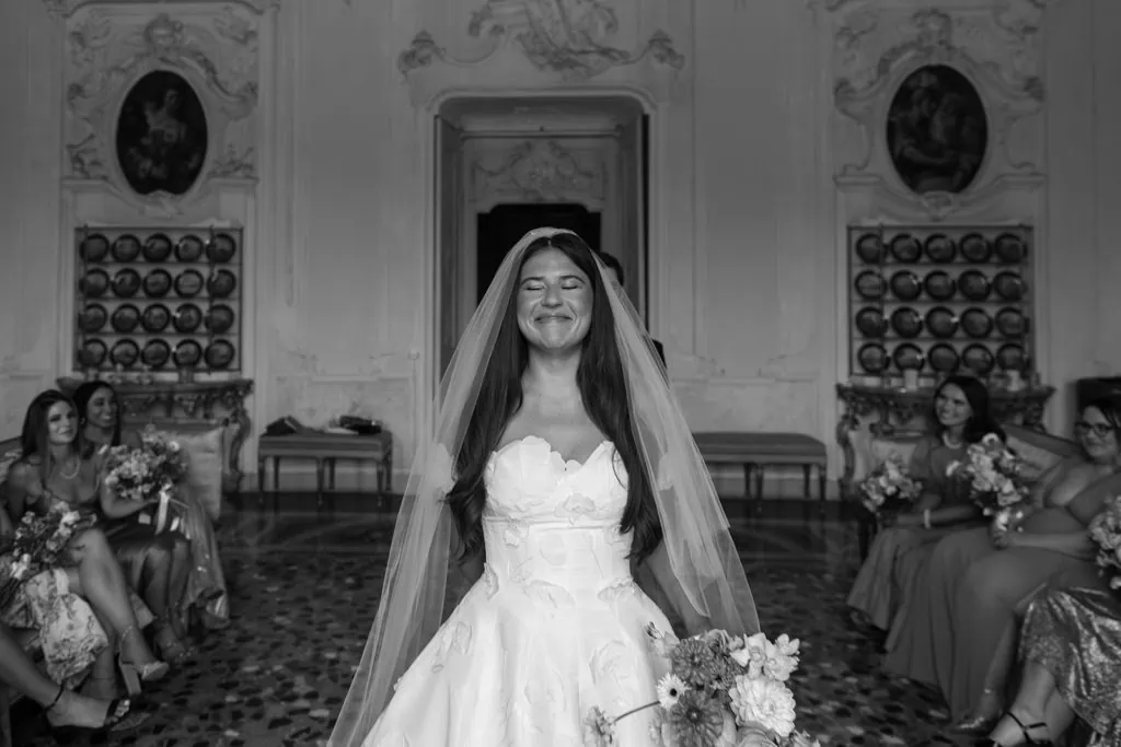 Bride emotional before first look inside Villa Sola Cabiati