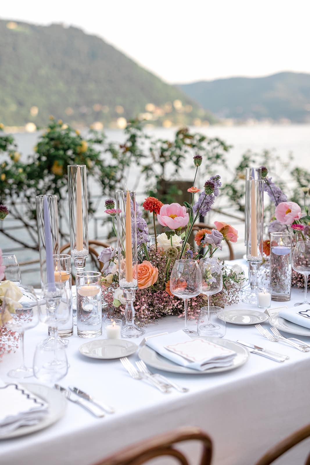 Colorful reception decor overlooking Lake Como