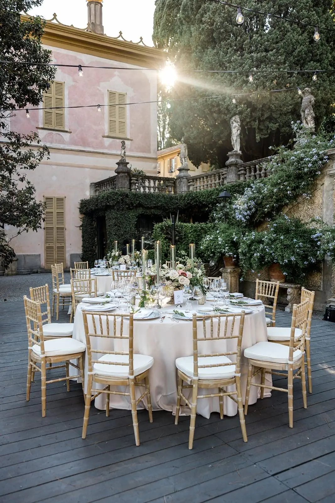Outdoor reception decor at Lake Como wedding villa, Villa Pizzo