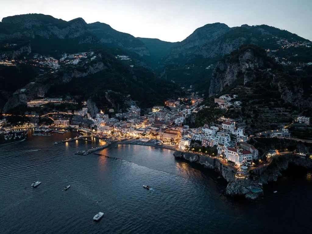 Town of Ravello along Amalfi Coast in Italy at twilight