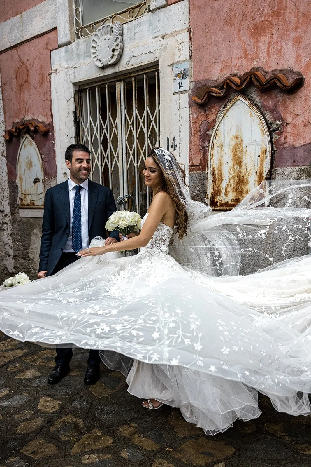 Bride and groom streets of Ravello Italy