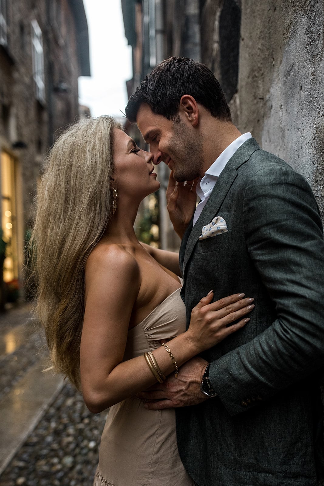 Couple pose in Varenna for Lake Como engagement photographer
