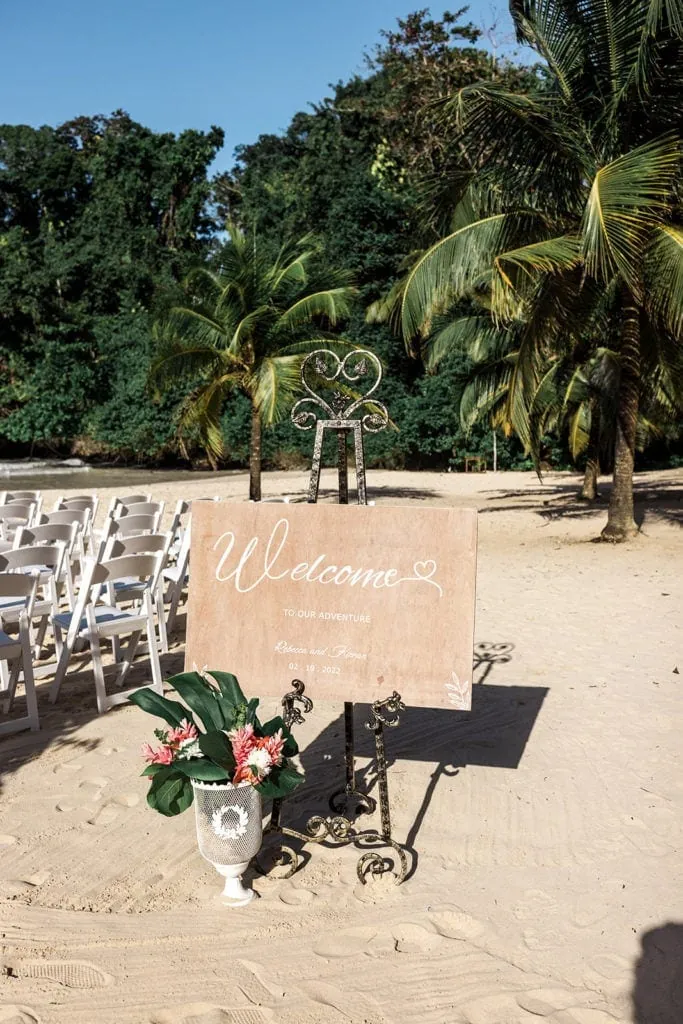 Welcome sign for a Jamaican beach wedding