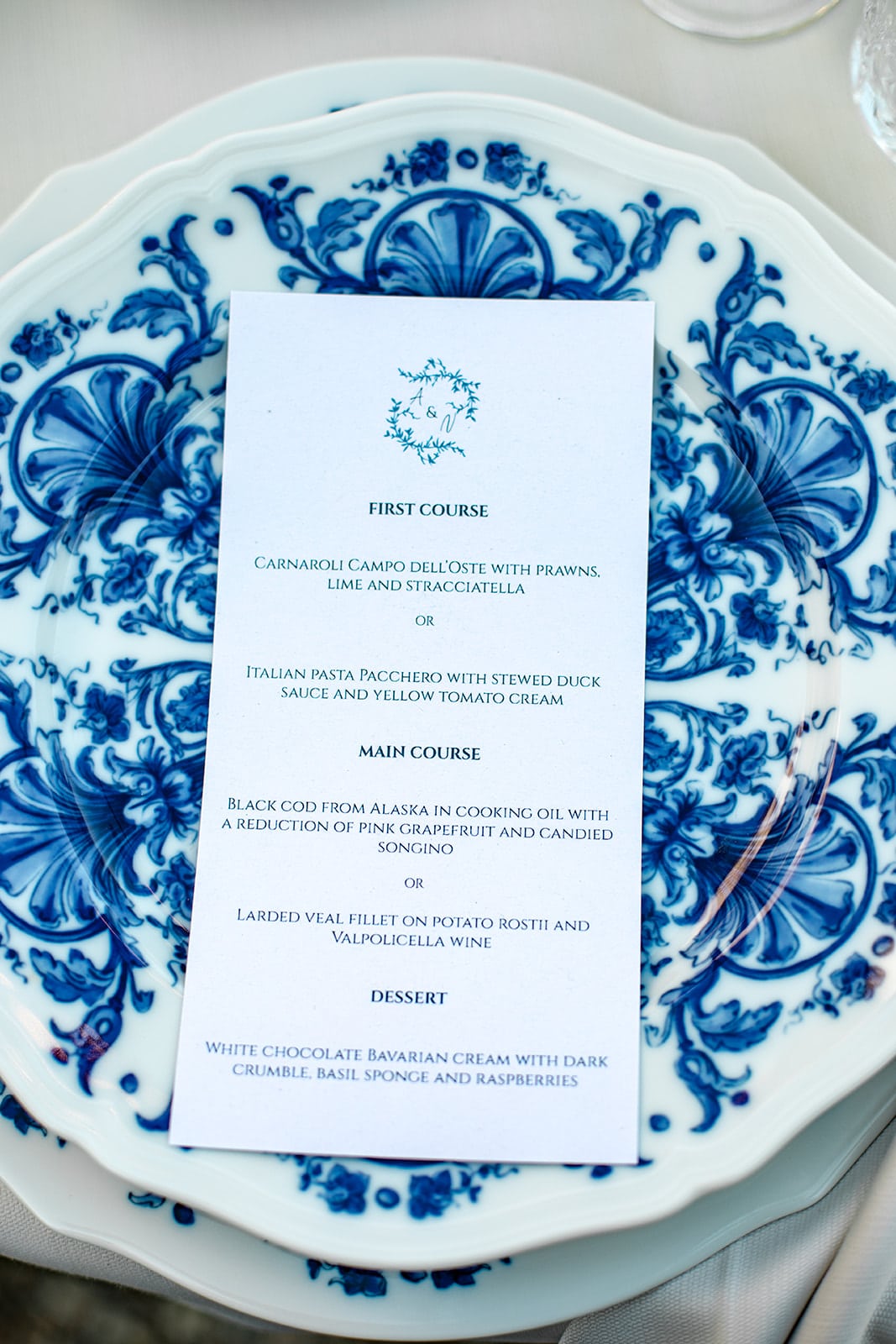 Blue china plate with a custom menu