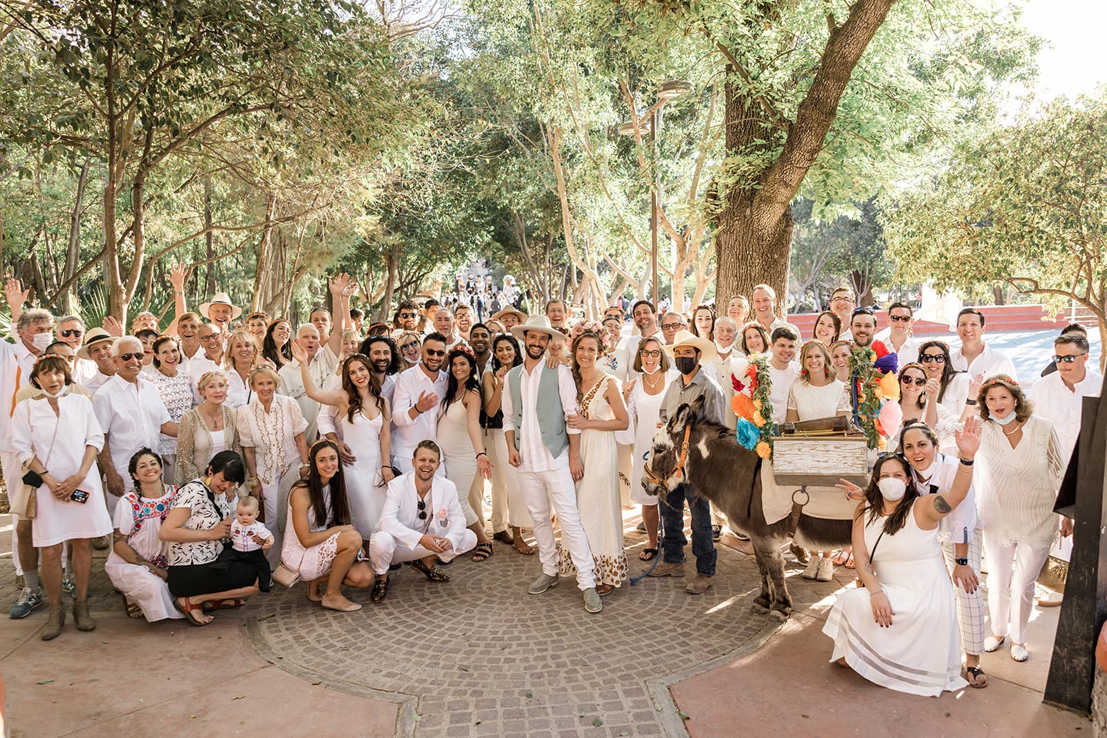 Bride, groom, mariachi band, and wedding guests stand during wedding parade