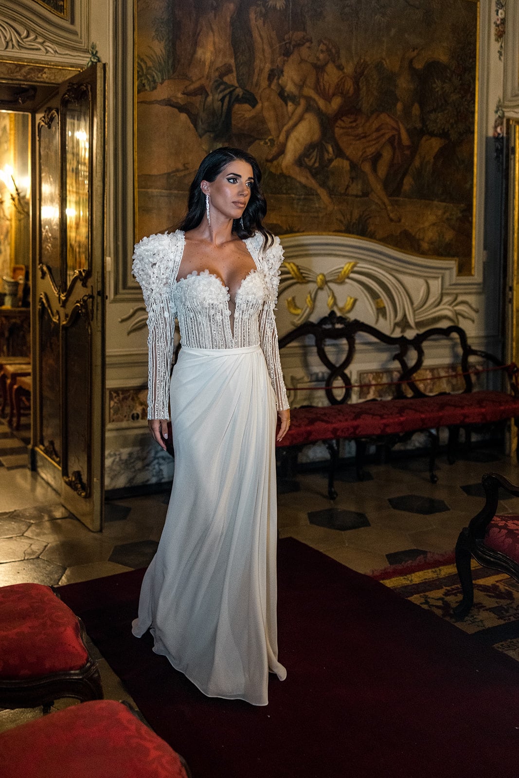 Bride walks through Villa D'Orri in modern bridal gown