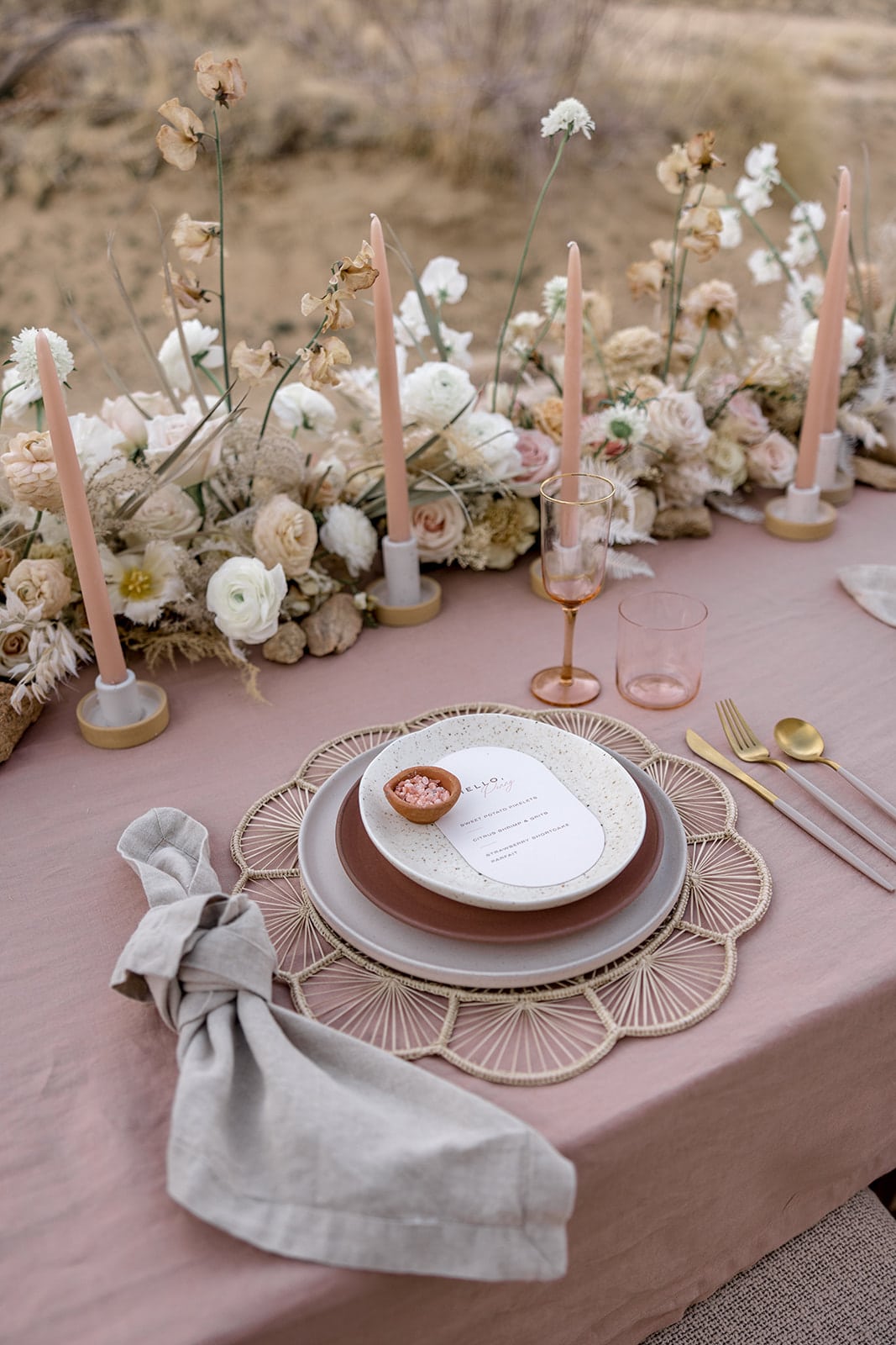Dusty pink and cream reception table decor