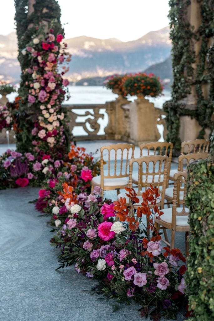 Flower arrangements at Villa del Balbianello wedding ceremony